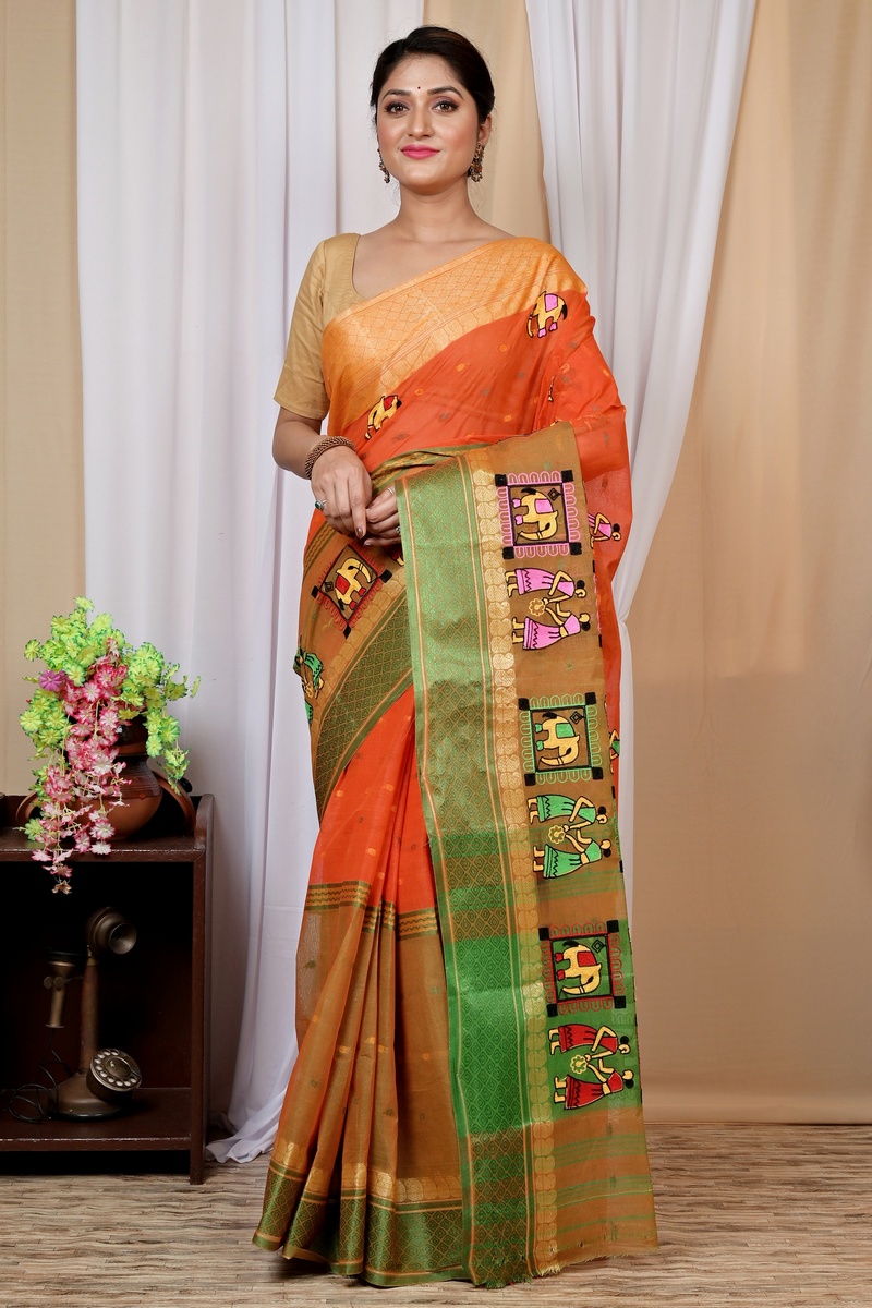 Orange Pure Cotton Embi Ganga Gajo Tant Embroidery (1595)