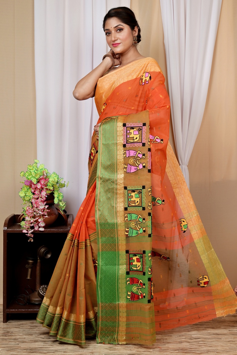 Orange Pure Cotton Embi Ganga Gajo Tant Embroidery (1595)