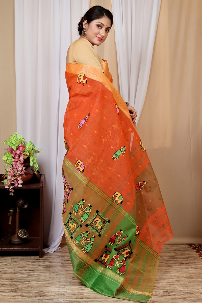 Orange Pure Cotton Embi Ganga Gajo Tant Embroidery (1595)