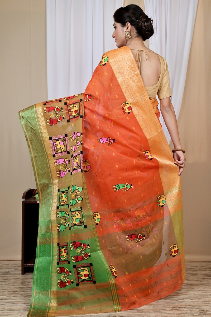 Orange Pure Cotton Embi Ganga Gajo Tant Embroidery (1595)