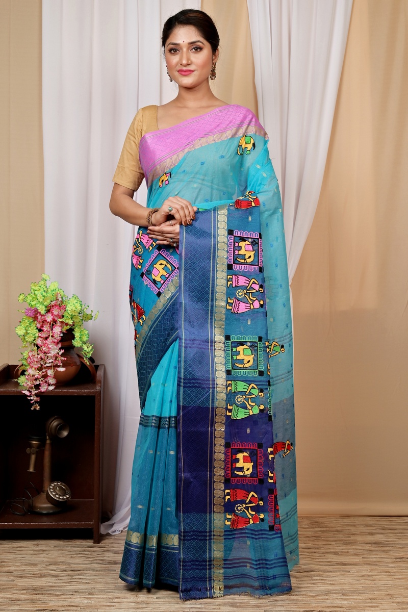 Sky Blue Pure Cotton Embi Ganga Gajo Tant Embroidery (1596)