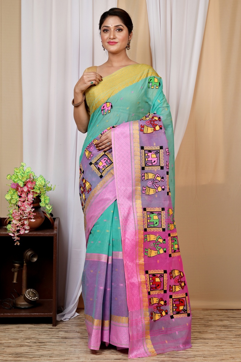 Green and Pink Pure Cotton Embi Ganga Gajo Tant Embroidery (1597)