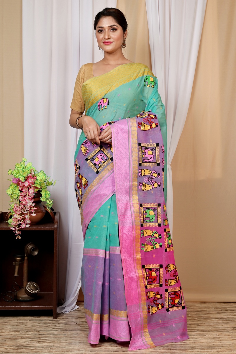 Green and Pink Pure Cotton Embi Ganga Gajo Tant Embroidery (1597)