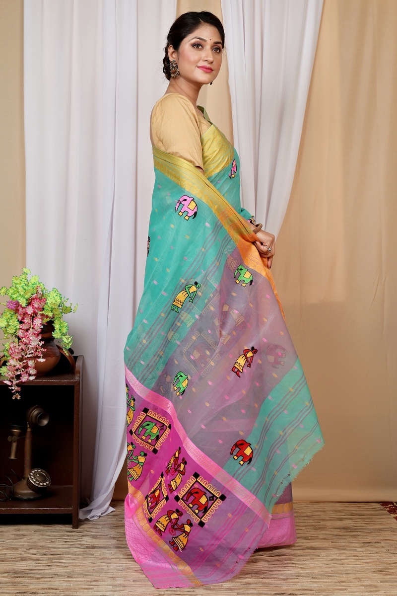 Green and Pink Pure Cotton Embi Ganga Gajo Tant Embroidery (1597)