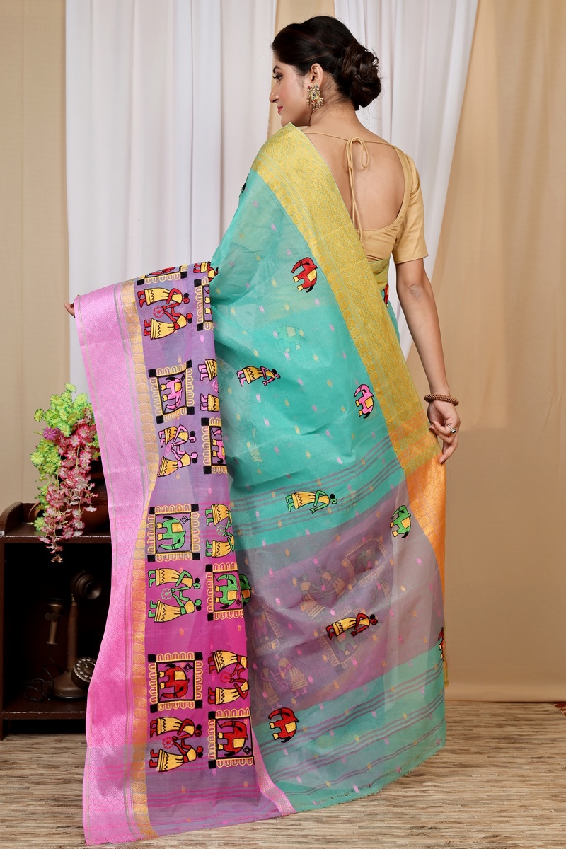 Green and Pink Pure Cotton Embi Ganga Gajo Tant Embroidery (1597)