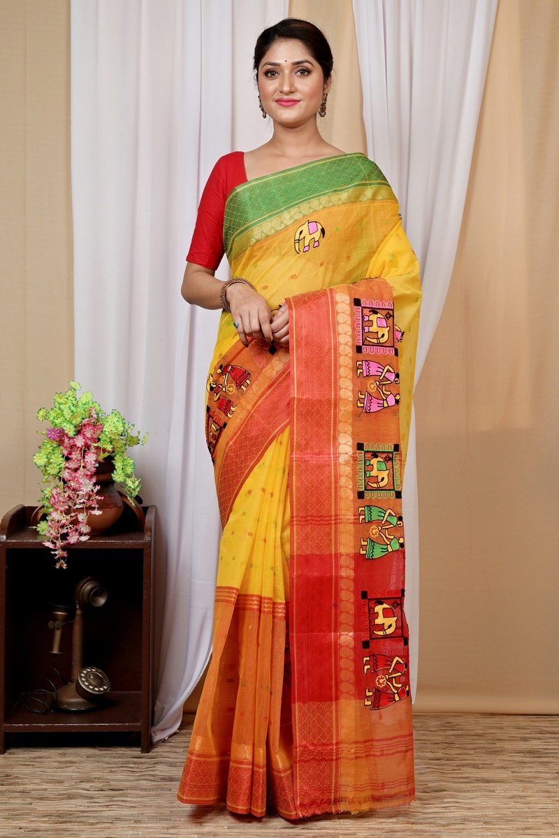 Yellow and Red Pure Cotton Embi Ganga Gajo Tant Embroidery (1598)