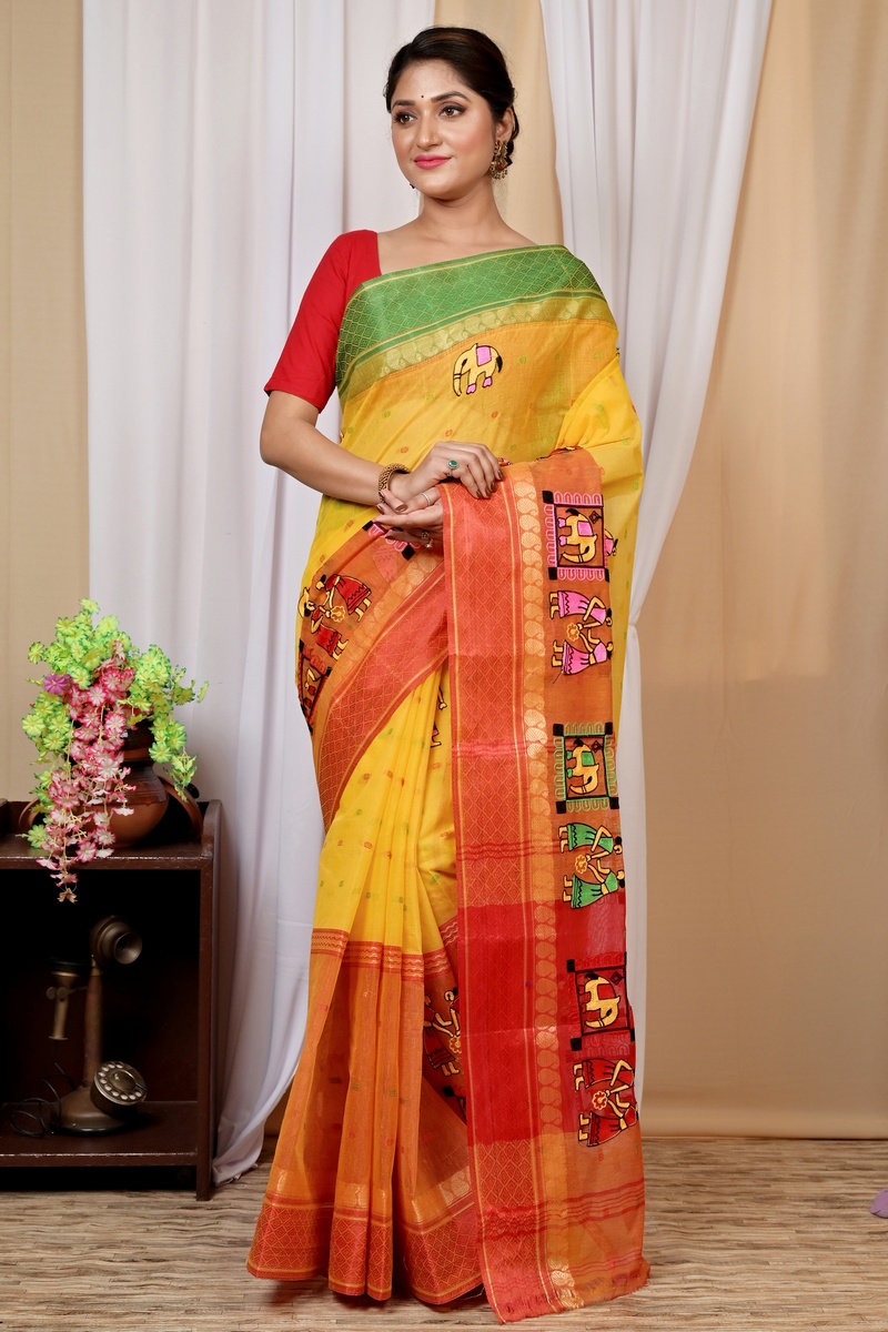 Yellow and Red Pure Cotton Embi Ganga Gajo Tant Embroidery (1598)