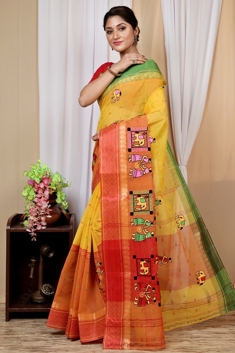 Yellow and Red Pure Cotton Embi Ganga Gajo Tant Embroidery (1598)