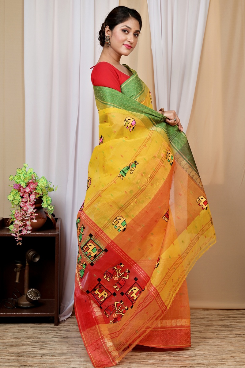 Yellow and Red Pure Cotton Embi Ganga Gajo Tant Embroidery (1598)