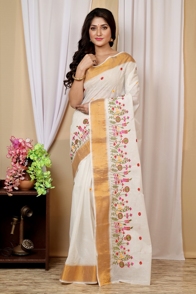 White Gold Pure Cotton Askiti Tant Embroidery (1600)