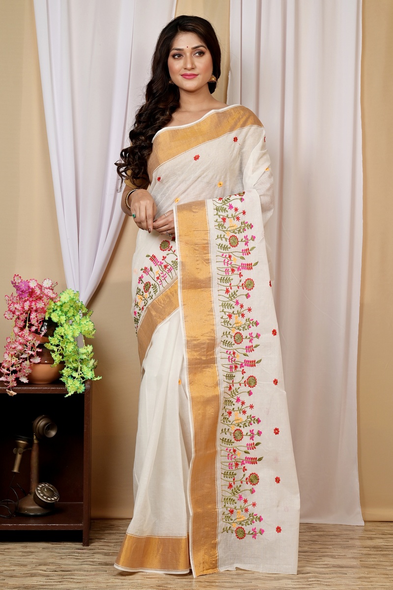 White Gold Pure Cotton Askiti Tant Embroidery (1600)