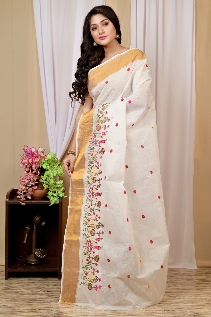 White Gold Pure Cotton Askiti Tant Embroidery (1600)