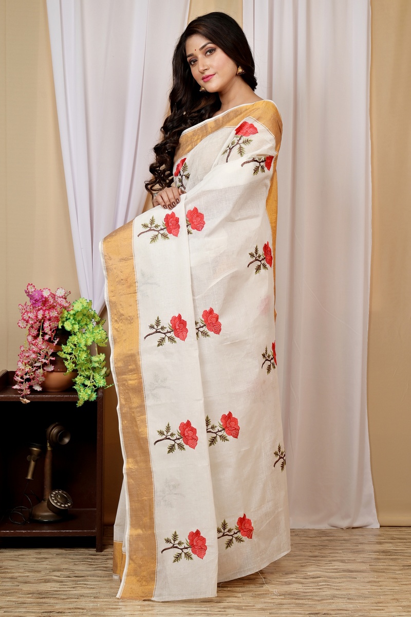 White Red Pure Cotton Askiti Tant Embroidery (1601)