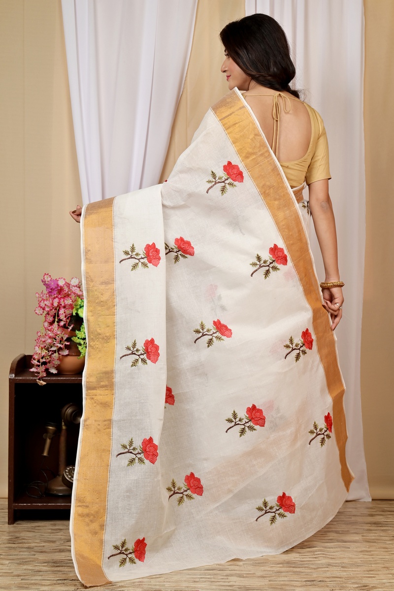 White Red Pure Cotton Askiti Tant Embroidery (1601)