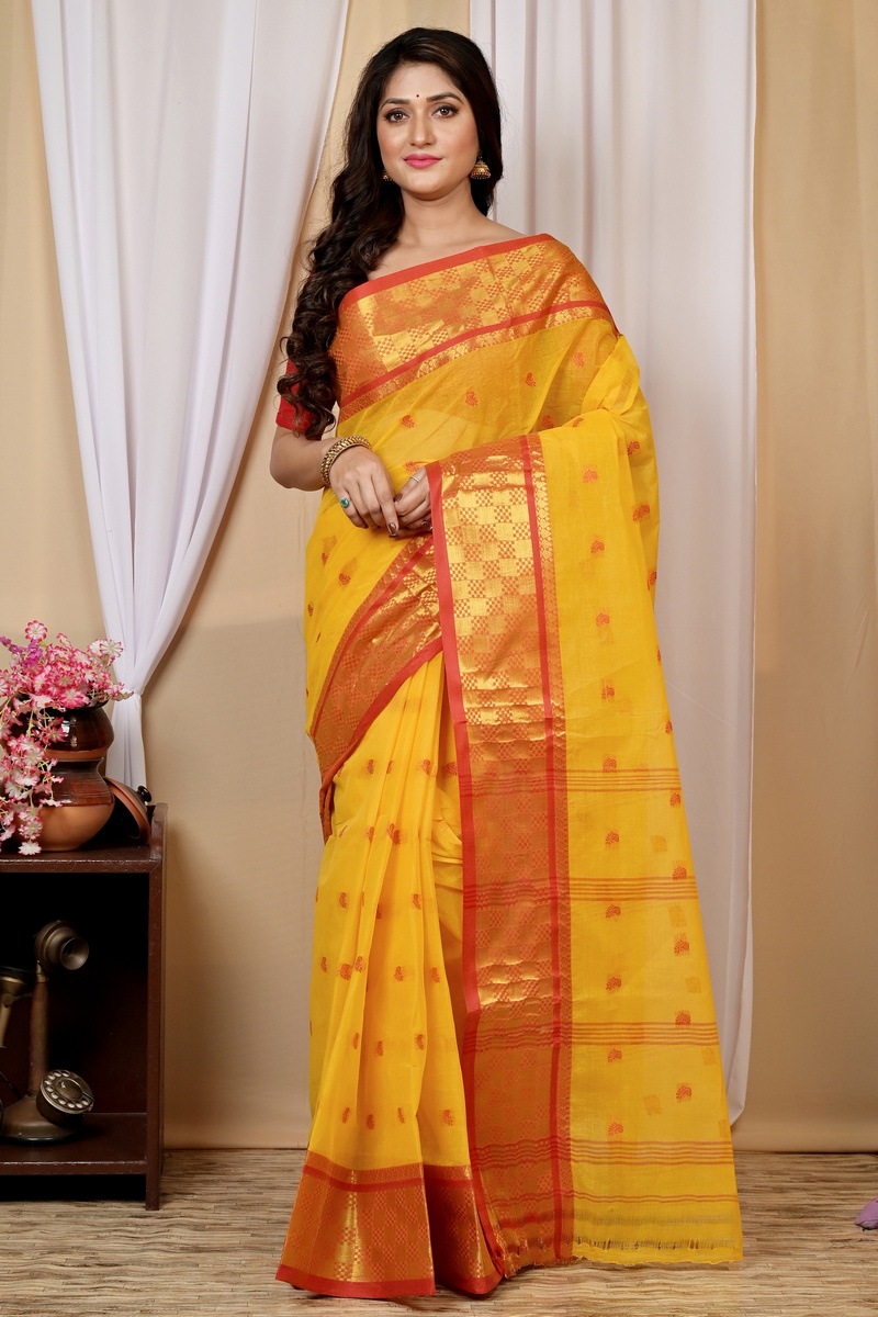 Yellow Pure Cotton Atula Tant Saree (1633)