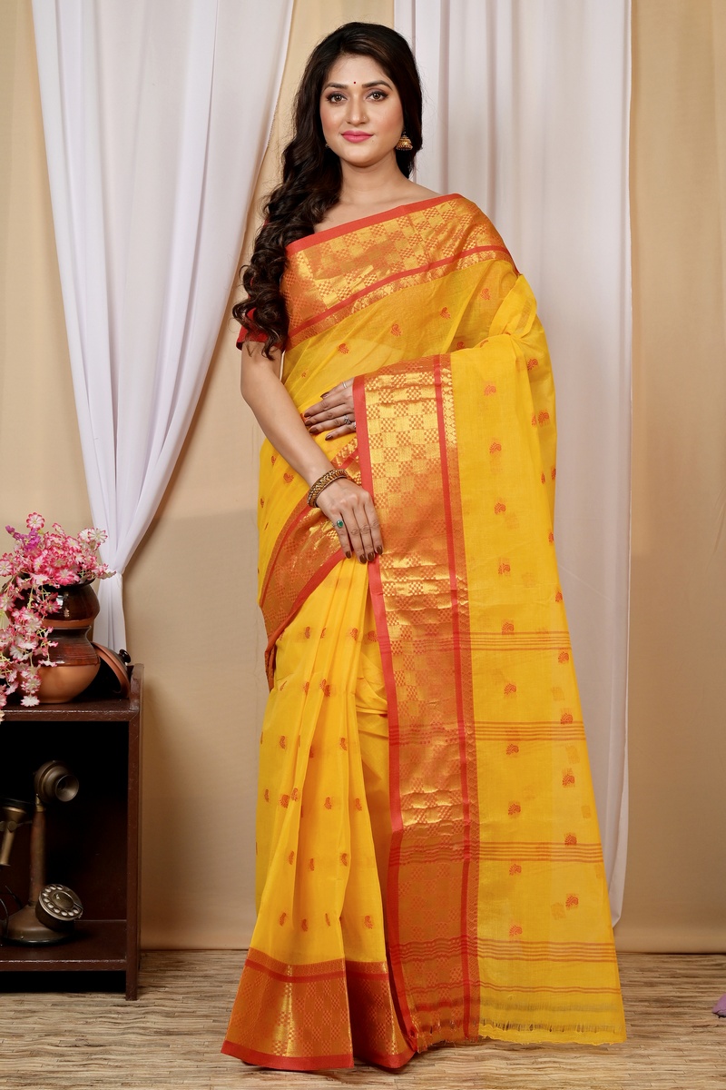 Yellow Pure Cotton Atula Tant Saree (1633)