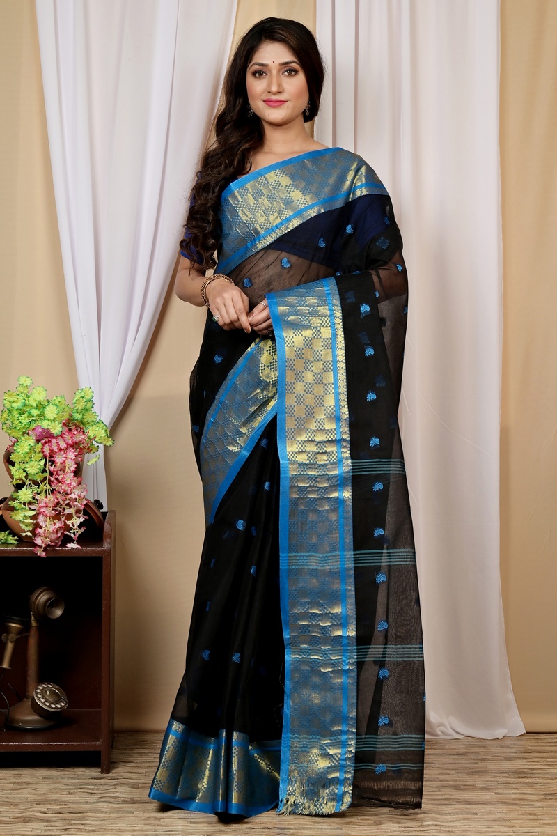 Black Pure Cotton Atula Tant Saree (1635)