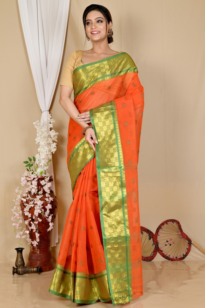 Orange Pure Cotton Atula Tant Saree (1637)