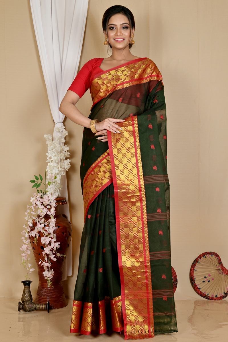 Dark Green Pure Cotton Atula Tant Saree (1638)