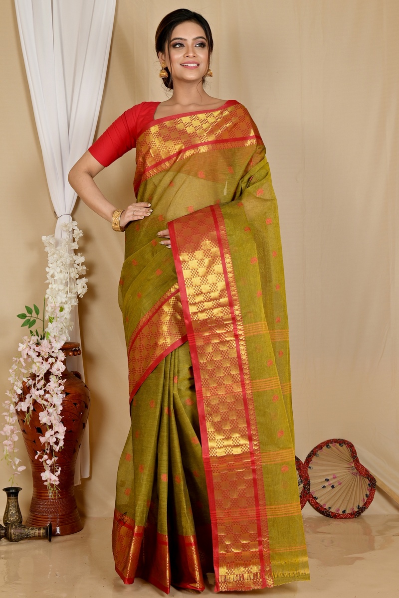 Olive Green Pure Cotton Atula Tant Saree (1650)