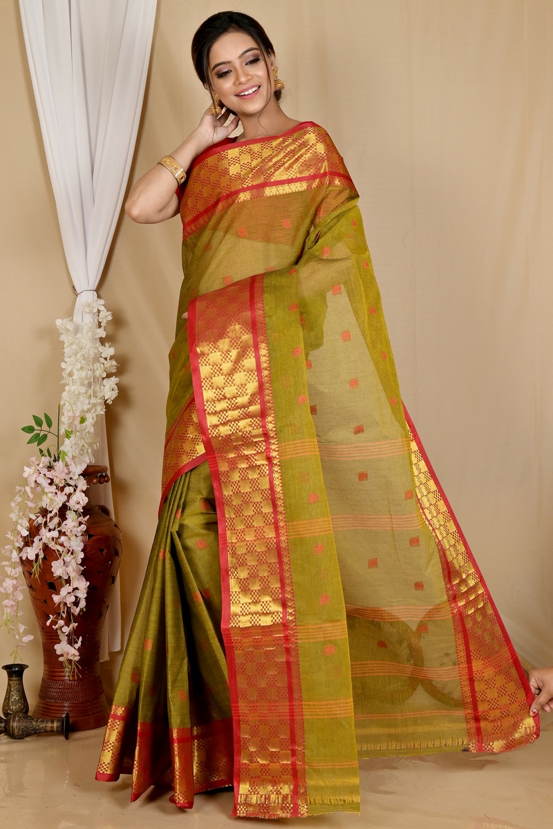 Olive Green Pure Cotton Atula Tant Saree (1650)