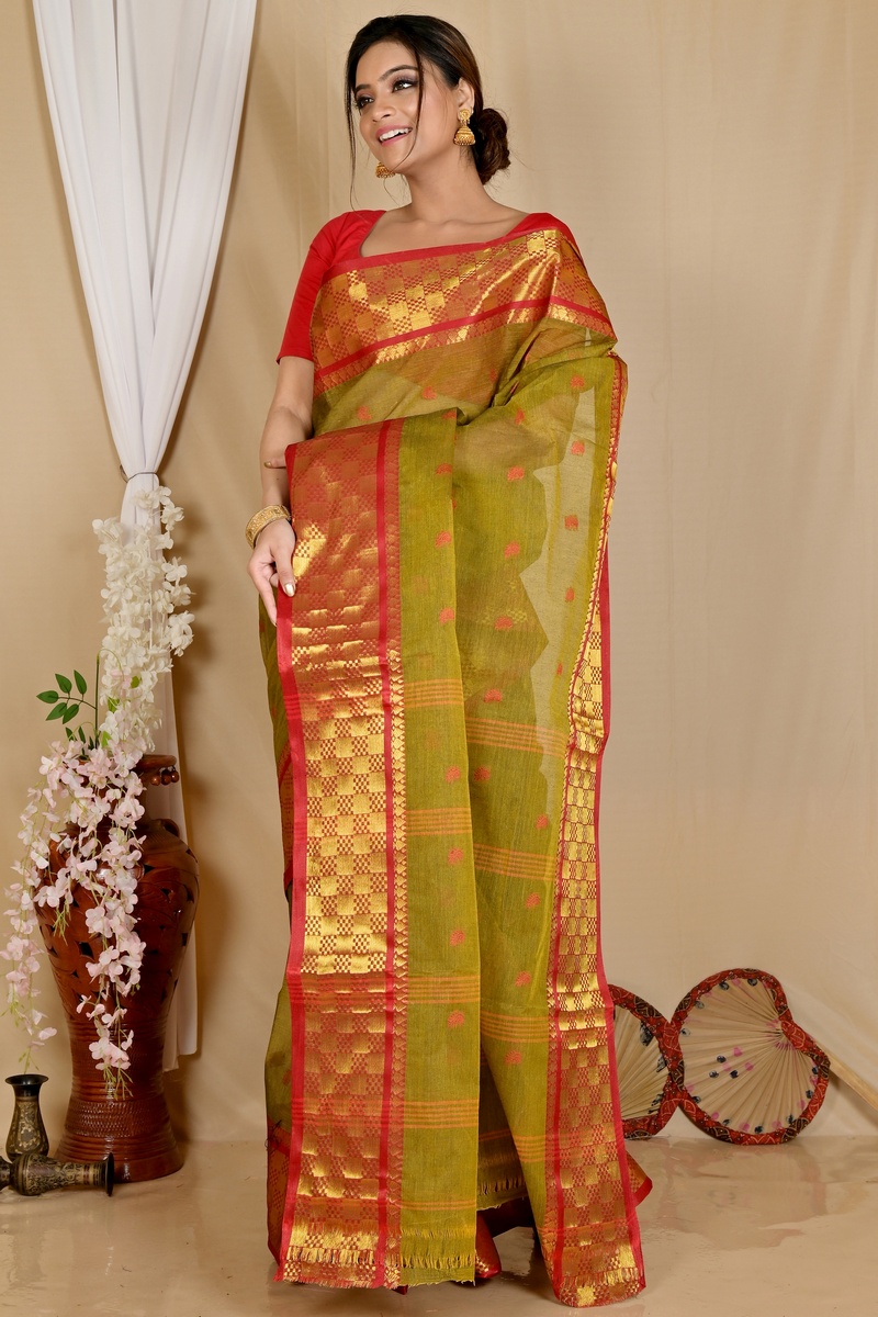 Olive Green Pure Cotton Atula Tant Saree (1650)