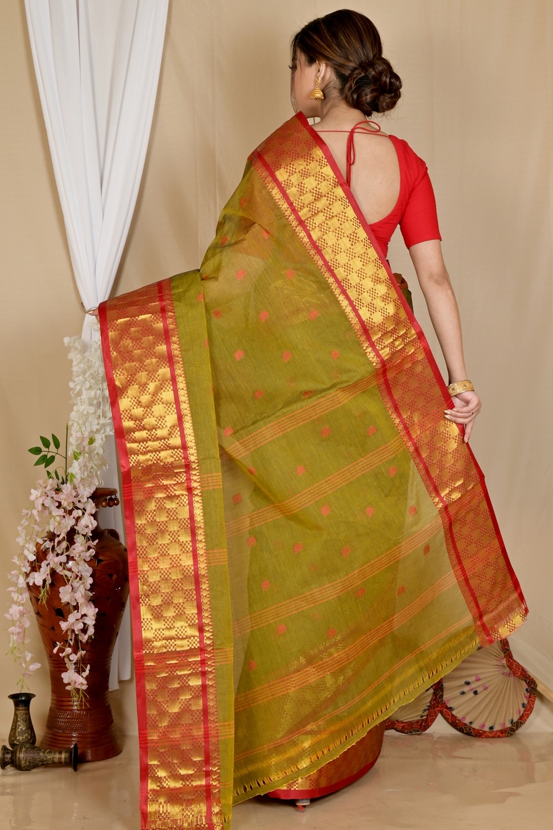 Olive Green Pure Cotton Atula Tant Saree (1650)