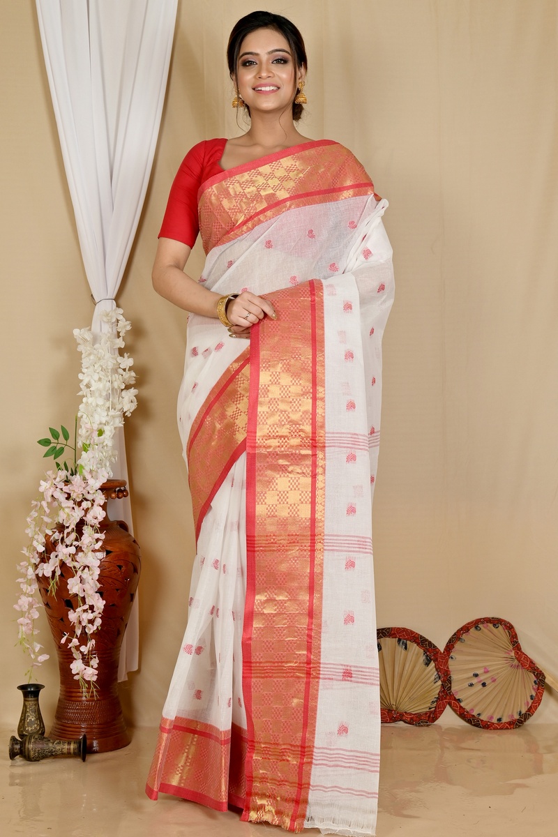 White Red Pure Cotton Atula Tant Saree (1651)
