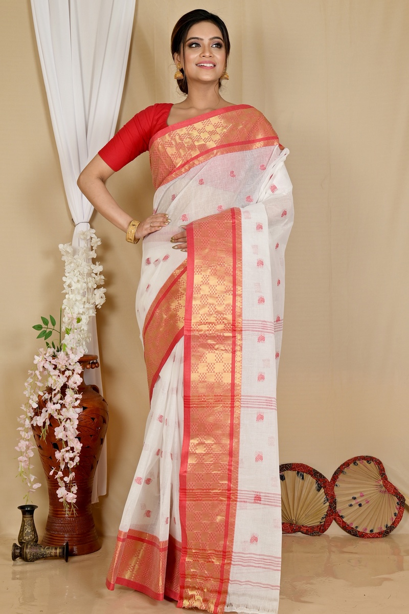 White Red Pure Cotton Atula Tant Saree (1651)