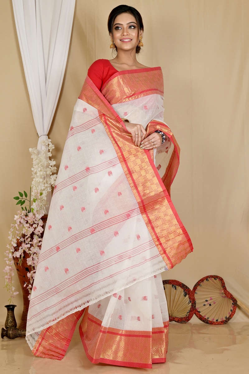 White Red Pure Cotton Atula Tant Saree (1651)
