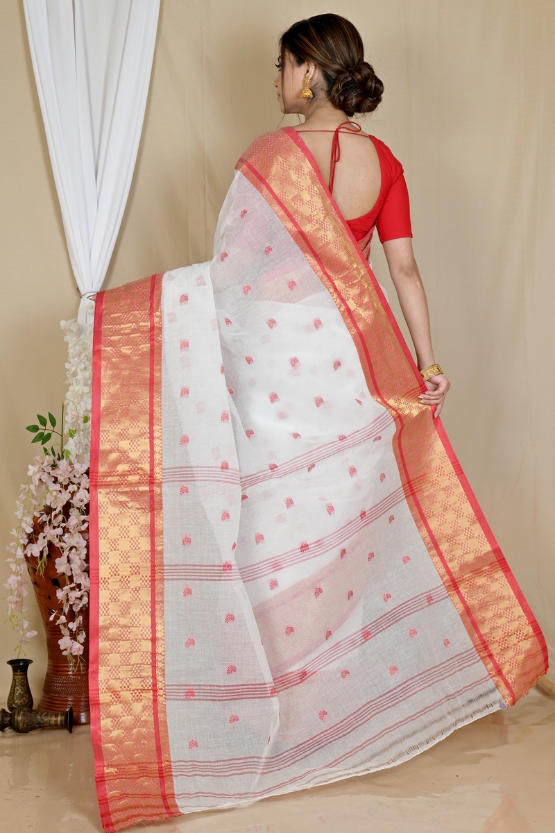 White Red Pure Cotton Atula Tant Saree (1651)