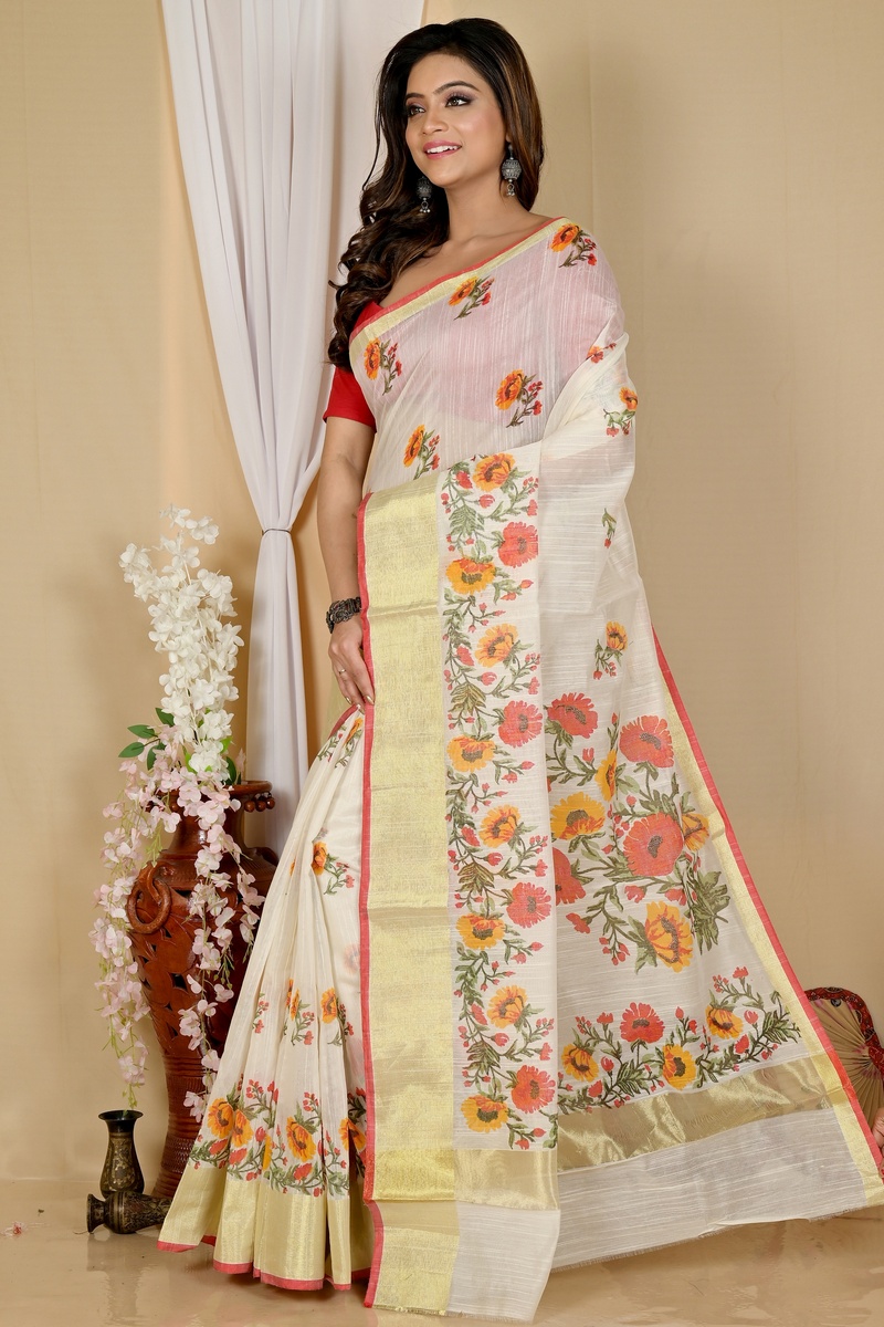 White Cotton Narme Printed Handloom Saree (1724)