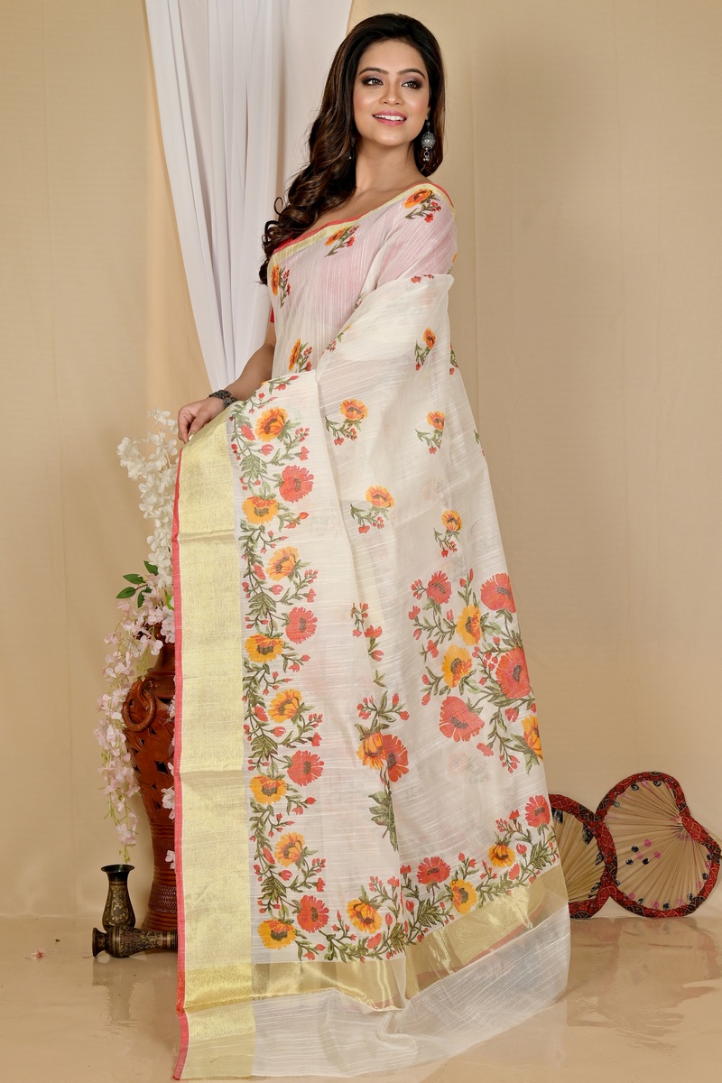 White Cotton Narme Printed Handloom Saree (1724)