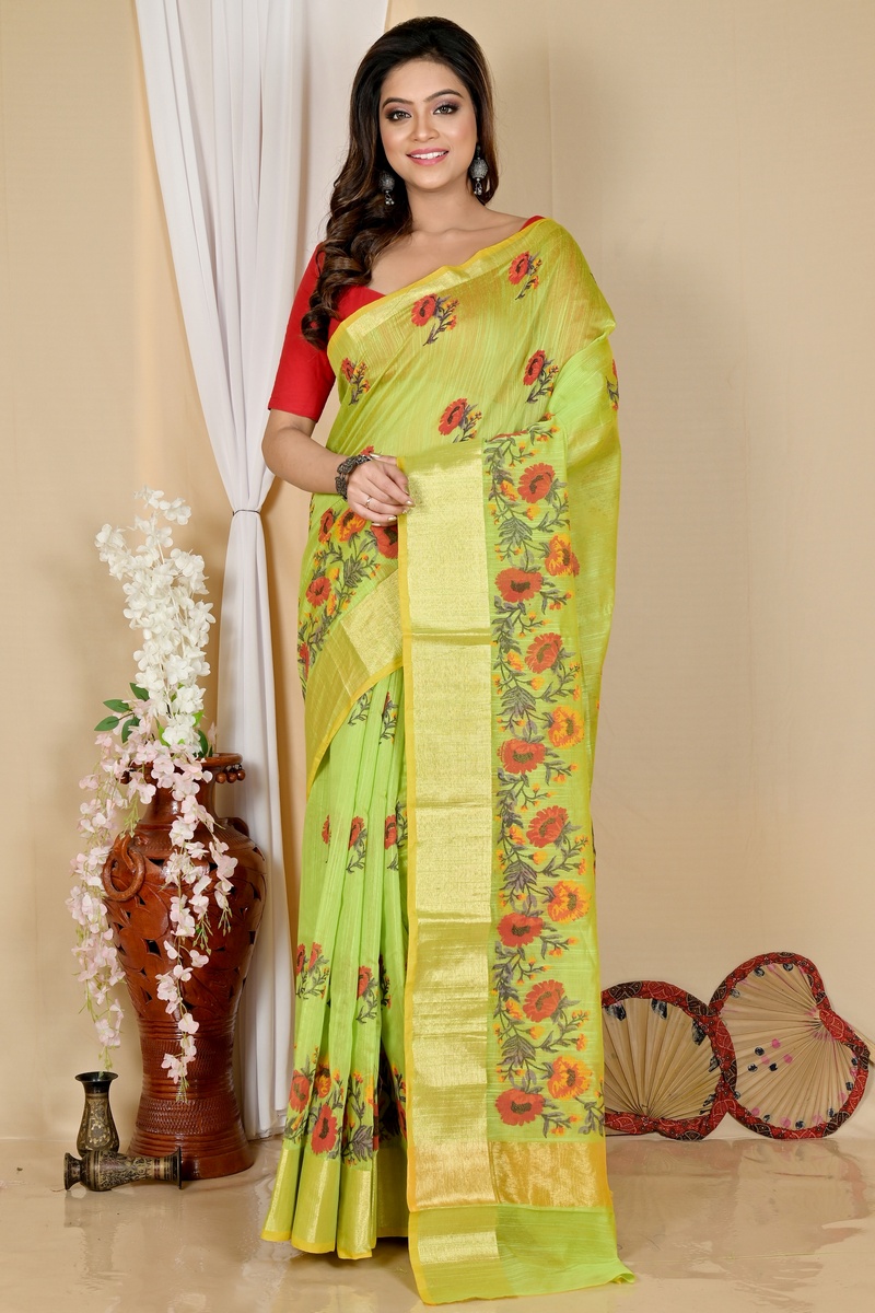Green Cotton Narme Printed Handloom Saree (1725)
