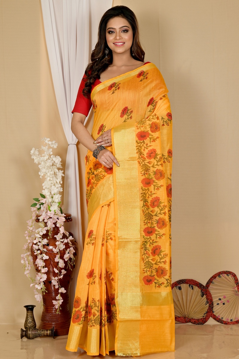 Yellow Cotton Narme Printed Handloom Saree (1726)