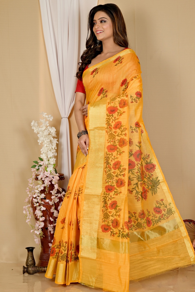 Yellow Cotton Narme Printed Handloom Saree (1726)