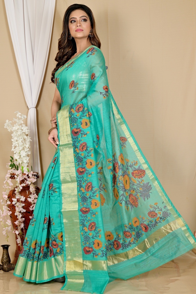 See Green Cotton Narme Printed Handloom Saree (1727)