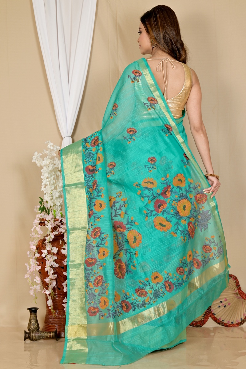 See Green Cotton Narme Printed Handloom Saree (1727)