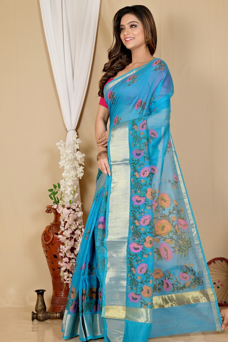 See Blue Cotton Narme Printed Handloom Saree (1728)