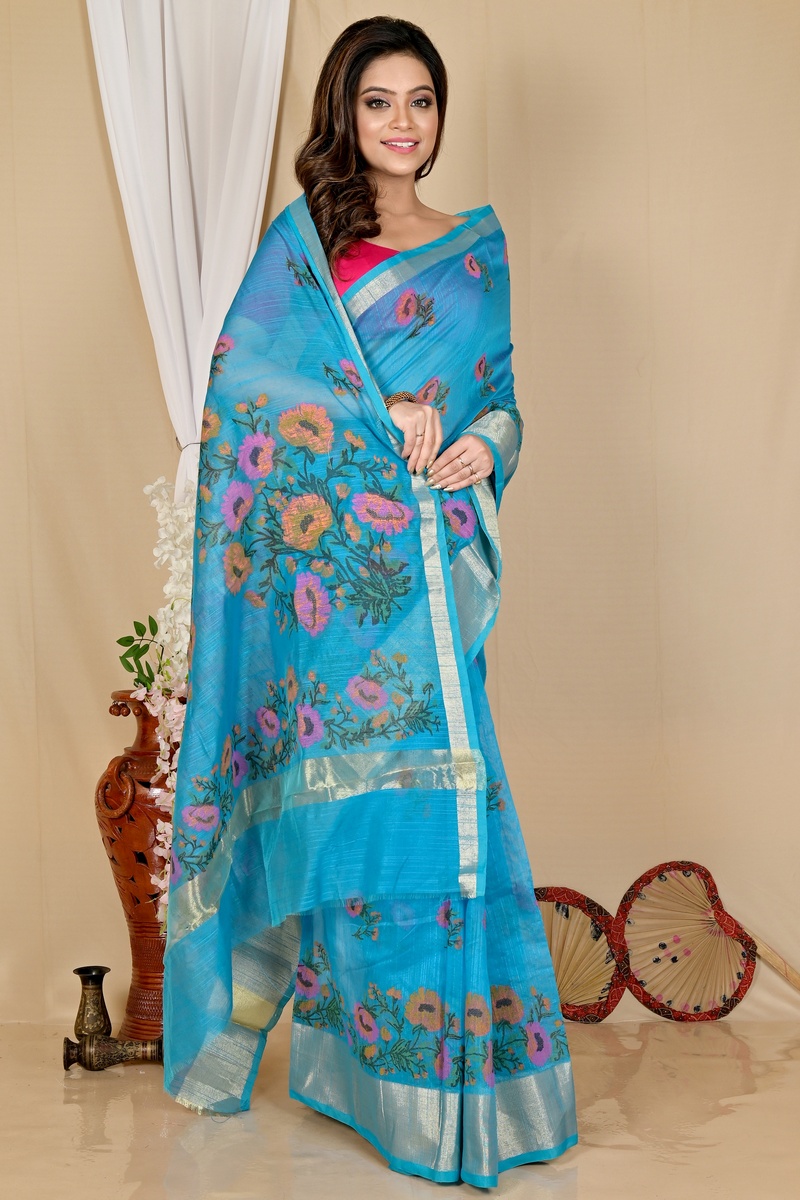 See Blue Cotton Narme Printed Handloom Saree (1728)