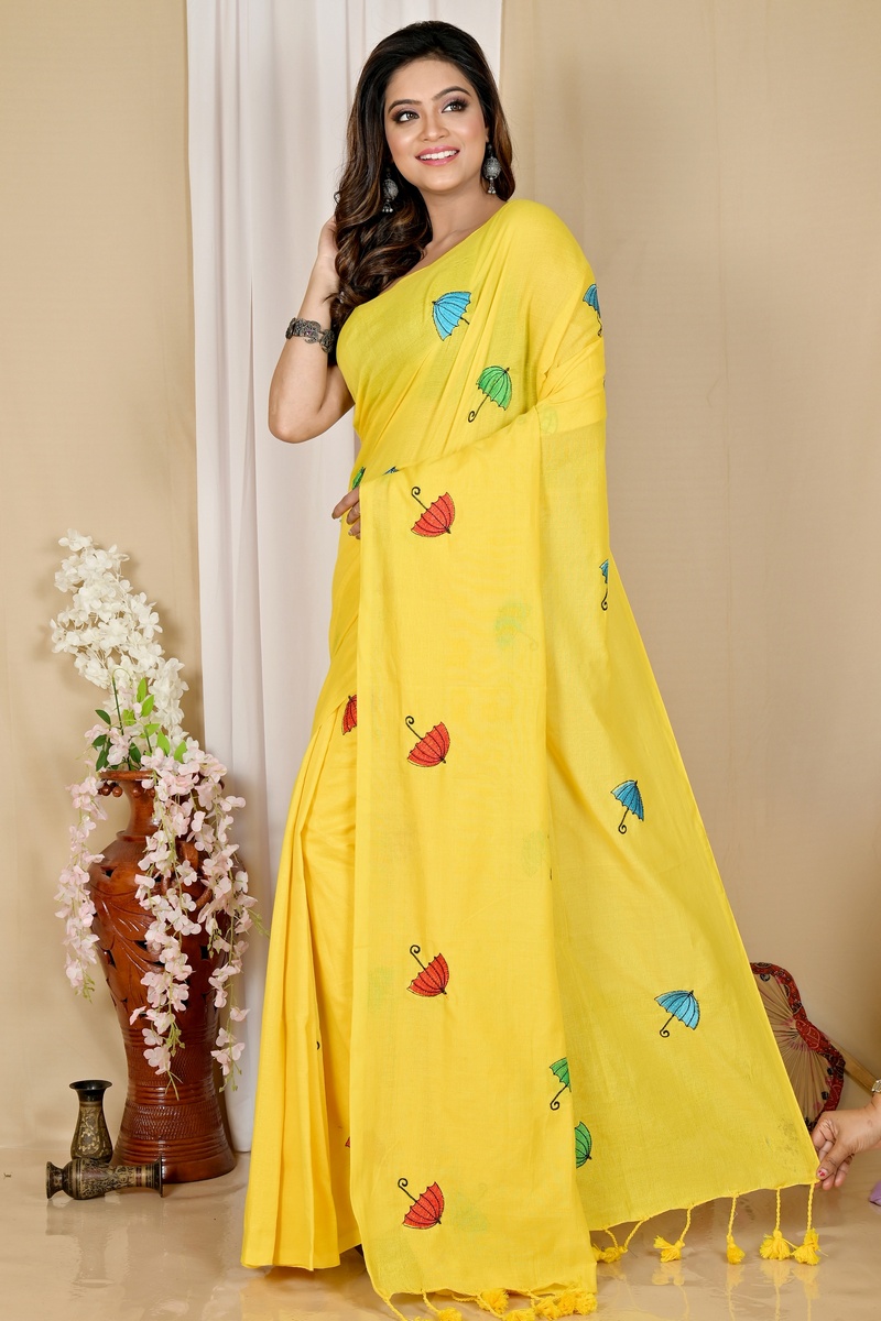 Yellow Pure Cotton Umber Than Embroidery Handloom saree (1738)