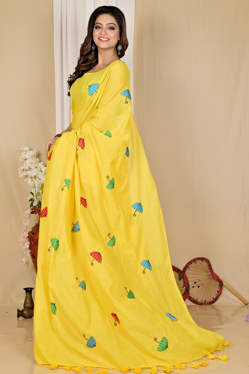 Yellow Pure Cotton Umber Than Embroidery Handloom saree (1738)
