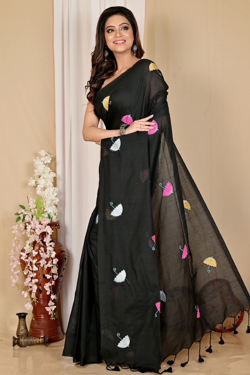 Black Pure Cotton Umber Than Embroidery Handloom saree (1739)