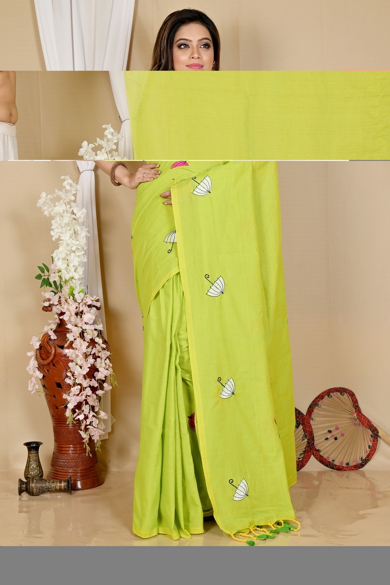 See Green Pure Cotton Umber Than Embroidery Handloom saree (1741)
