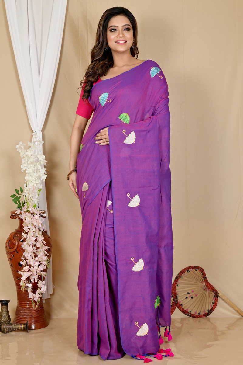 Purple Pure Cotton Umber Than Embroidery Handloom saree (1742)