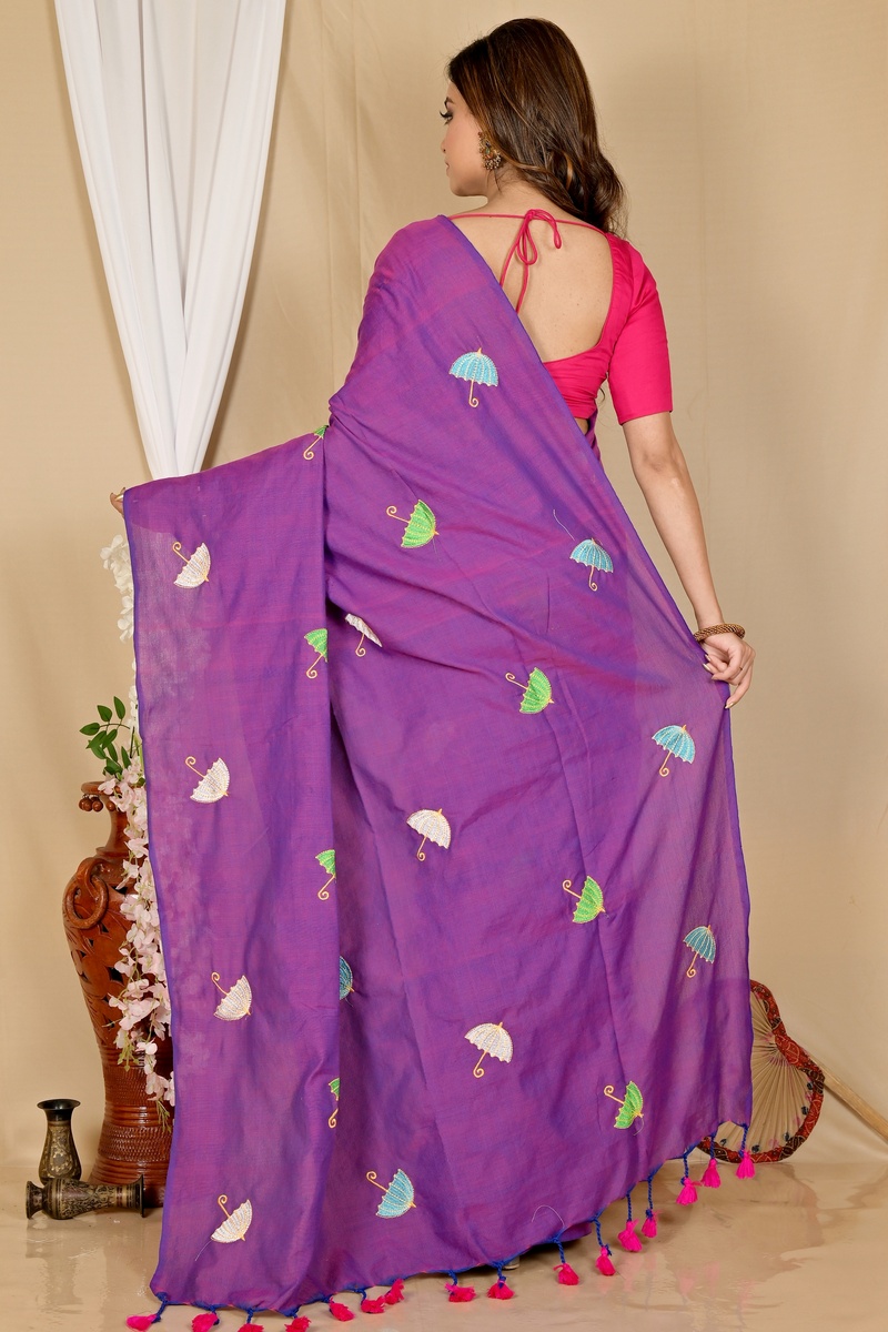 Purple Pure Cotton Umber Than Embroidery Handloom saree (1742)