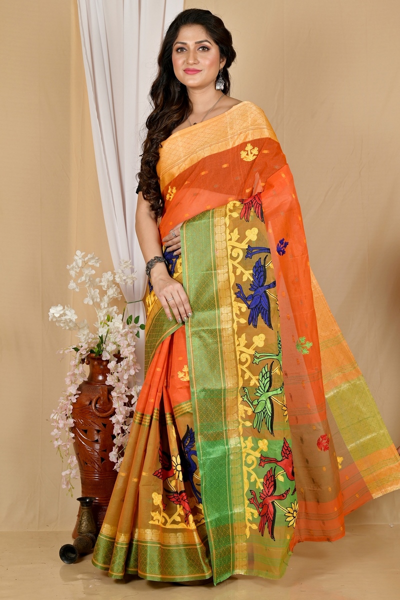 Orange Pure Cotton Embi Ganga Bok Tant Embroidery (1765)