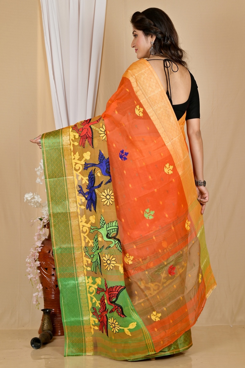 Orange Pure Cotton Embi Ganga Bok Tant Embroidery (1765)