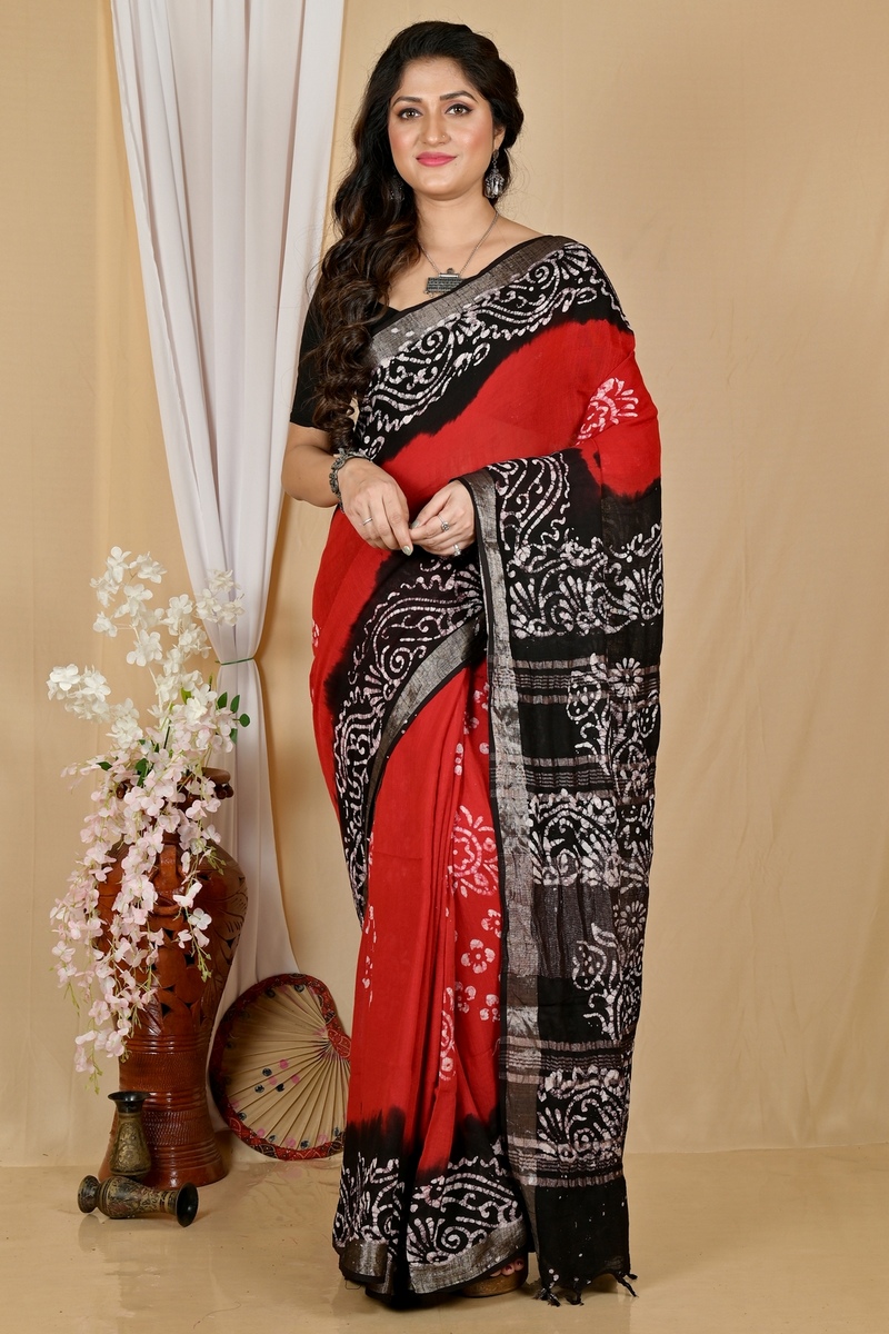 Red Black Pure Cotton Batikato Batik Print Saree (1768)