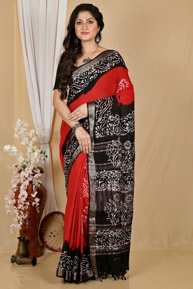 Red Black Pure Cotton Batikato Batik Print Saree (1768)